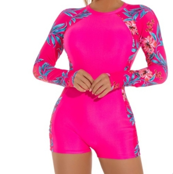 One Piece Swimsuit Floral Print Backless Bandage All-in-One Long Sleeve Swimwear - Picture 3 of 3